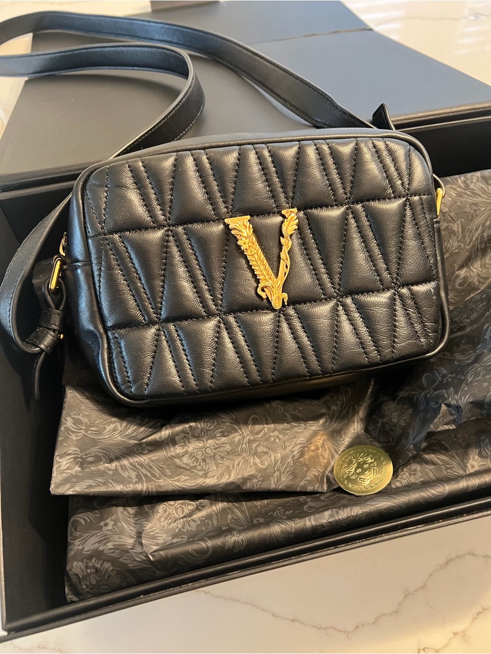Versace Black Quilted Leather Crossbody with Gold V Emblem